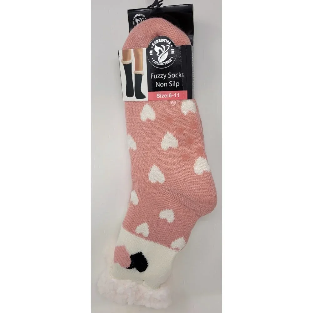 Women Warm Thermal Fuzzy Slipper Socks - Pink Hearts Design